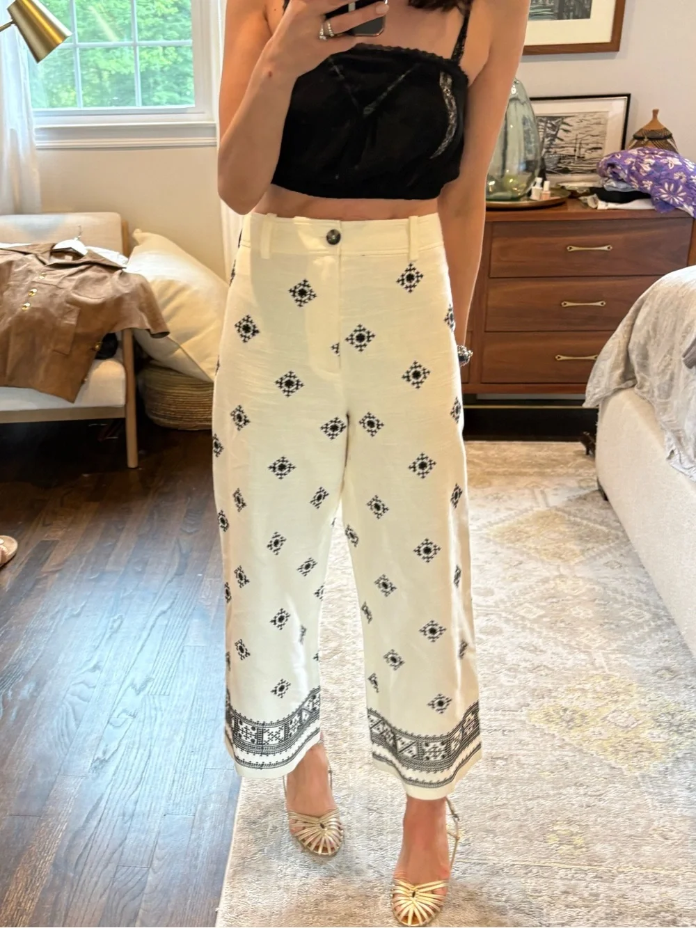 Zara linen blend wide-leg pants with embroidered details